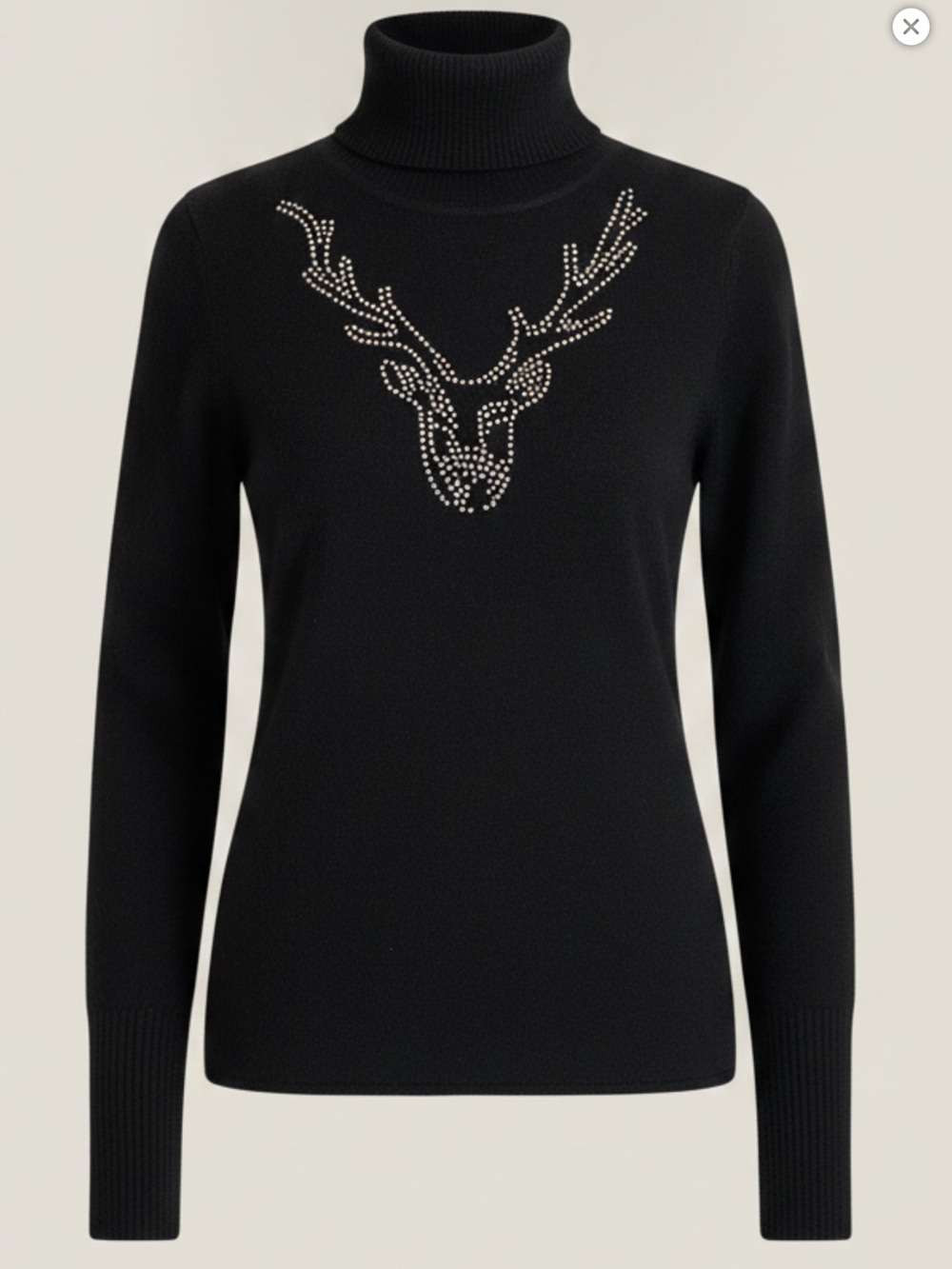 White + Warren Black Turtleneck Cashmere Sweater with Studded Deer Motif